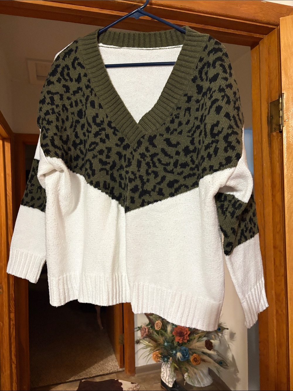 Olive Green and Cream V-Neck Women's Sweater
